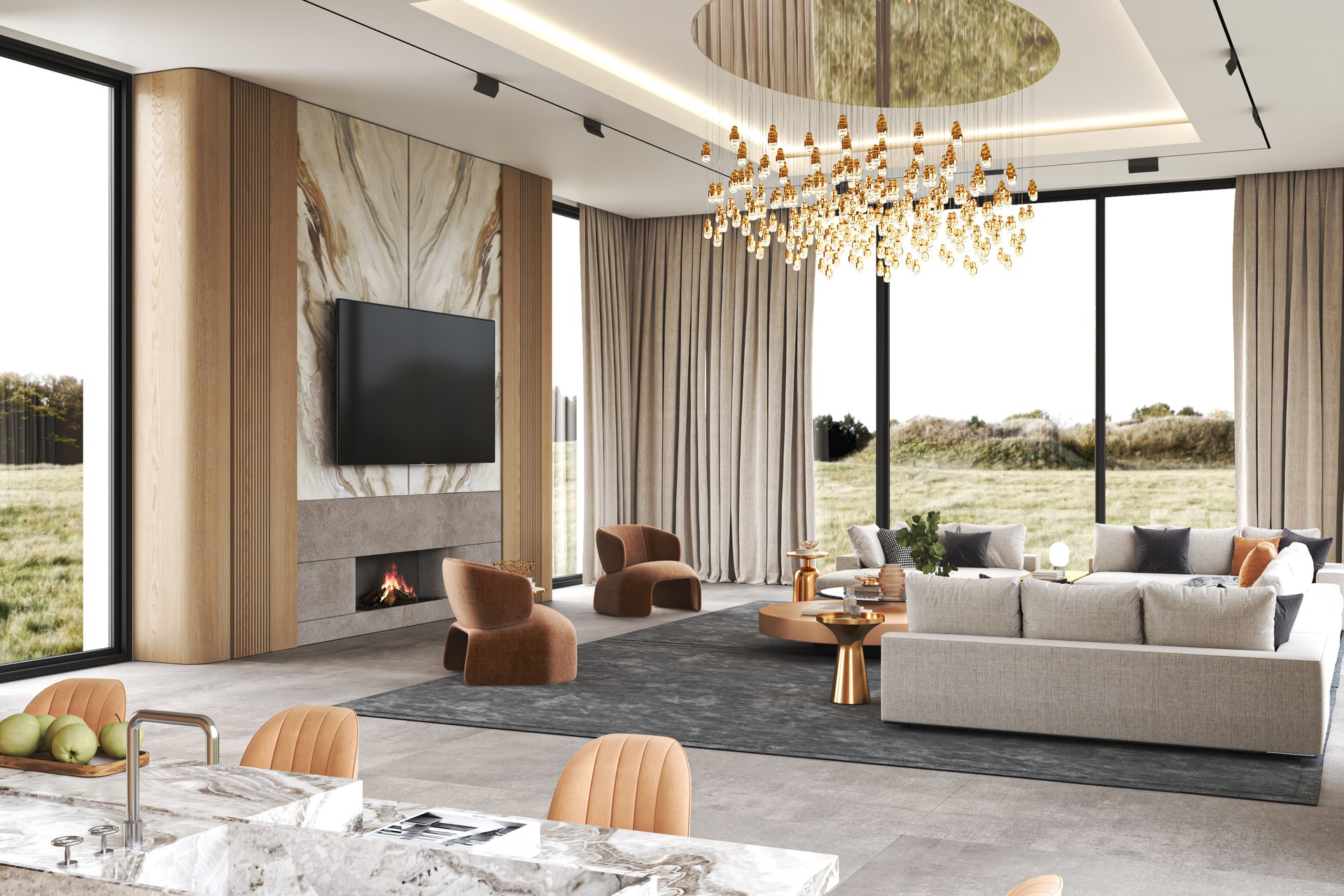 Stylish modern living room with elegant design, scenic view for relaxation and comfort, 3d rendering
