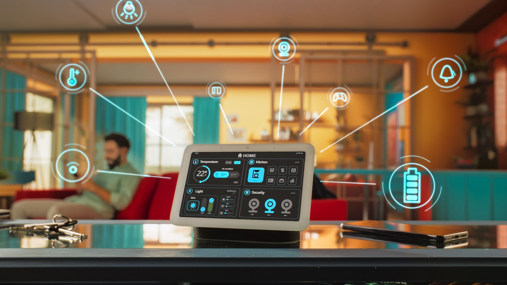 Creative Smart Home Device with Dark Theme Infographics Shown on Display with Concept Icons. Person using Smartphone to Control The House. IOT Connected Wireless Intelligent System Concept.